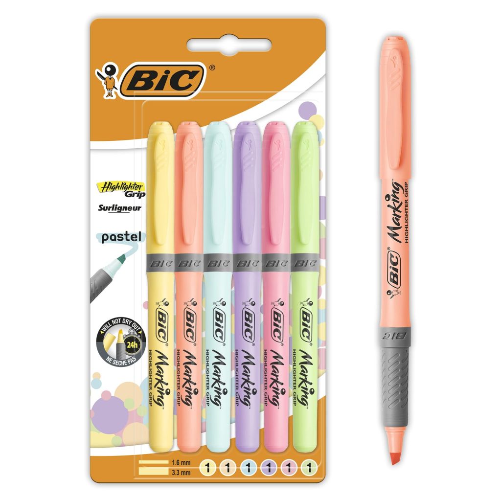BIC Intensity Highlighter Grip Pastel Marker Fosforlu Kalem 6'lı Blister, Su Bazlı Mürekkep, 6 Pastel Renk, Kauçuk Tutaçlı – MegTR