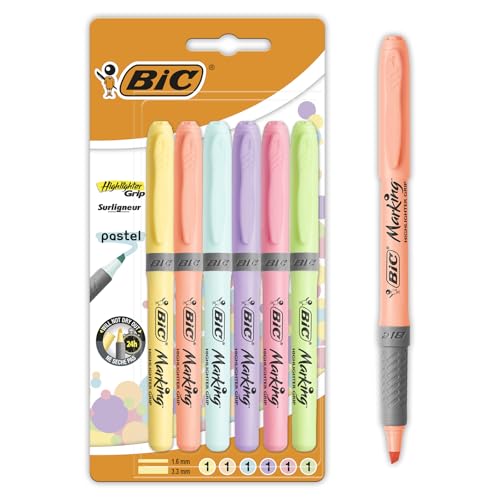 BIC Intensity Highlighter Grip Pastel Marker Fosforlu Kalem 6'lı Blister, Su Bazlı Mürekkep, 6 Pastel Renk, Kauçuk Tutaçlı – MegTR