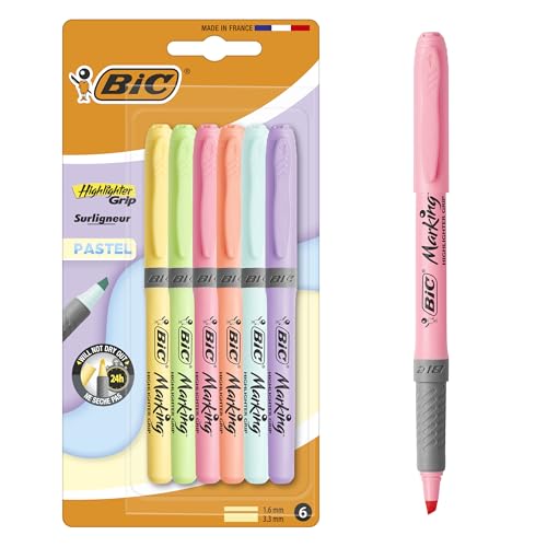 BIC Intensity Highlighter Grip Pastel Marker Fosforlu Kalem 6'lı Blister, Su Bazlı Mürekkep, 6 Pastel Renk, Kauçuk Tutaçlı – MegTR