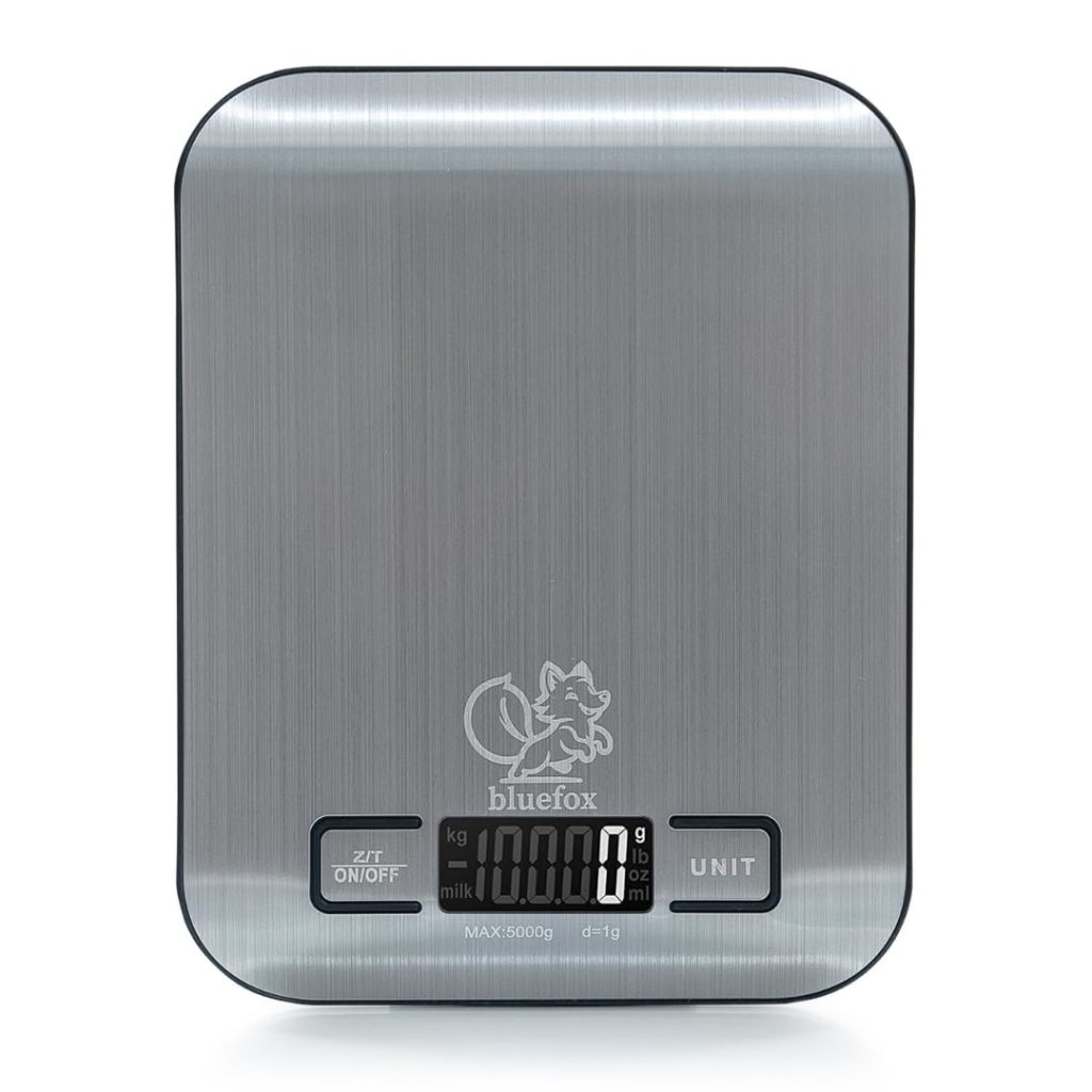 Bluefox Dijital Mutfak Terazisi – Paslanmaz Çelik Yüzeyli Hassas Mutfak Tartısı – Dara İşlevi, LED Ekran, 5 Birim Dönüştürme ve Otomatik Kapanma Özellikli – 5 kg Tartı Kapasitesi – MegTR