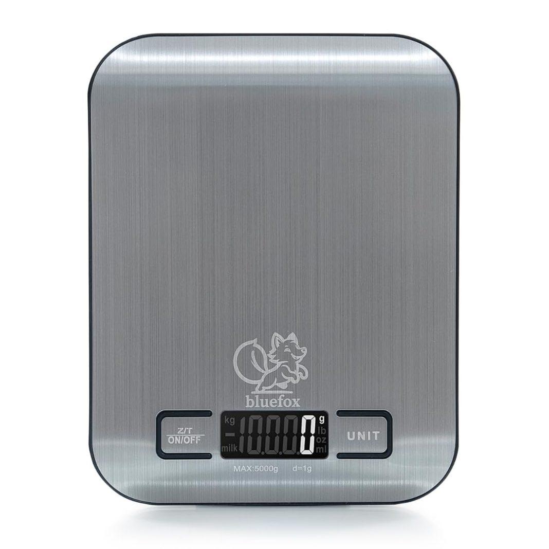 Bluefox Dijital Mutfak Terazisi – Paslanmaz Çelik Yüzeyli Hassas Mutfak Tartısı – Dara İşlevi, LED Ekran, 5 Birim Dönüştürme ve Otomatik Kapanma Özellikli – 5 kg Tartı Kapasitesi – MegTR