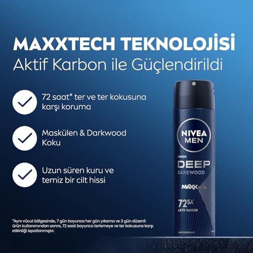 NIVEA MEN Erkek Sprey Deodorant Deep Dimension Darkwood 150ml, 72 Saat Anti-Perspirant Koruma, Maskülen Koku – MegTR