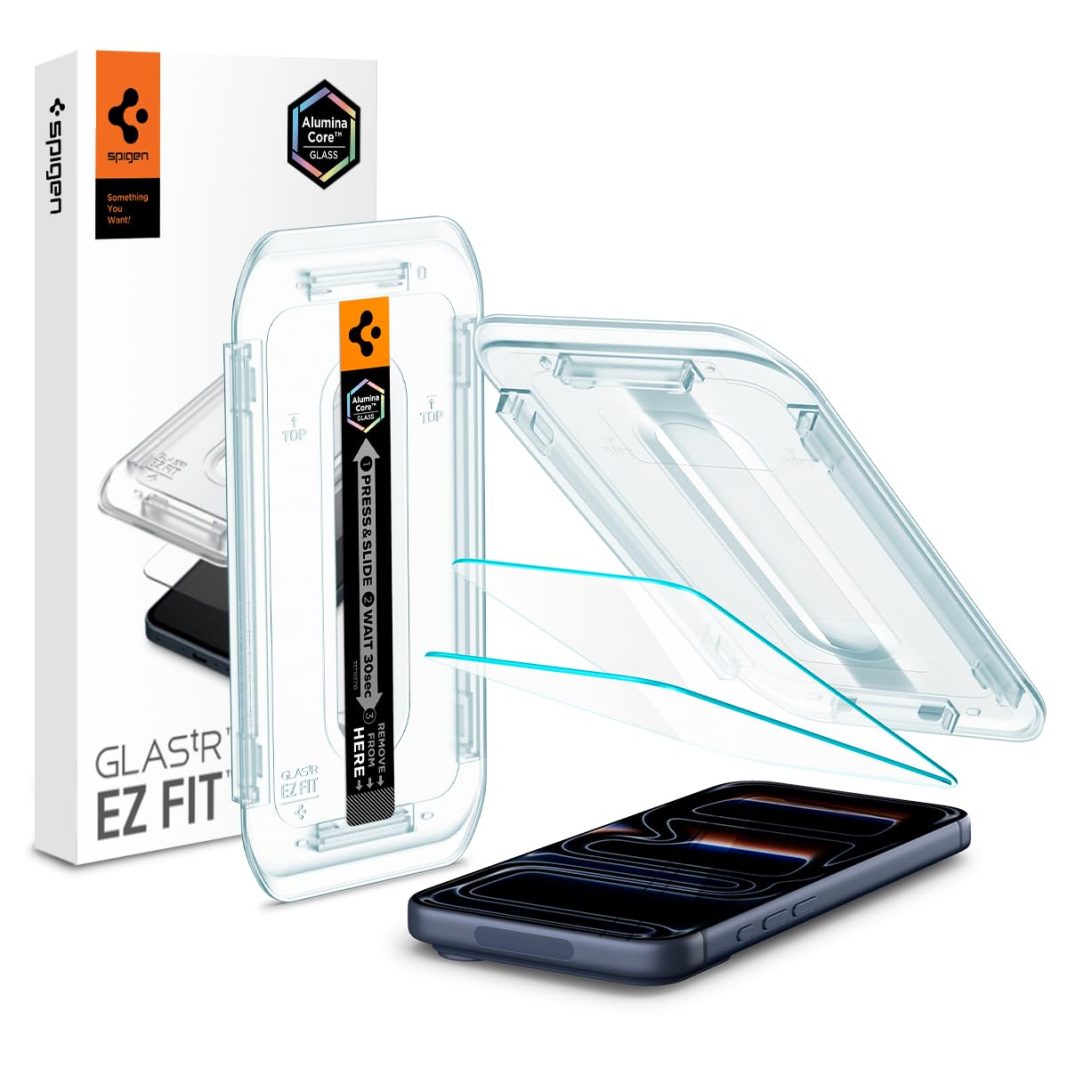 Spigen iPhone 17 Pro / 17/16 Pro ile Uyumlu Cam Ekran Koruyucu AluminaCore™ iyonlaştırılmış Güçlendirilmiş Cam Teknolojisi Kolay Kurulum GLAS.tR EZ Fit Slim HD (2 Adet) – AGL07928 – MegTR
