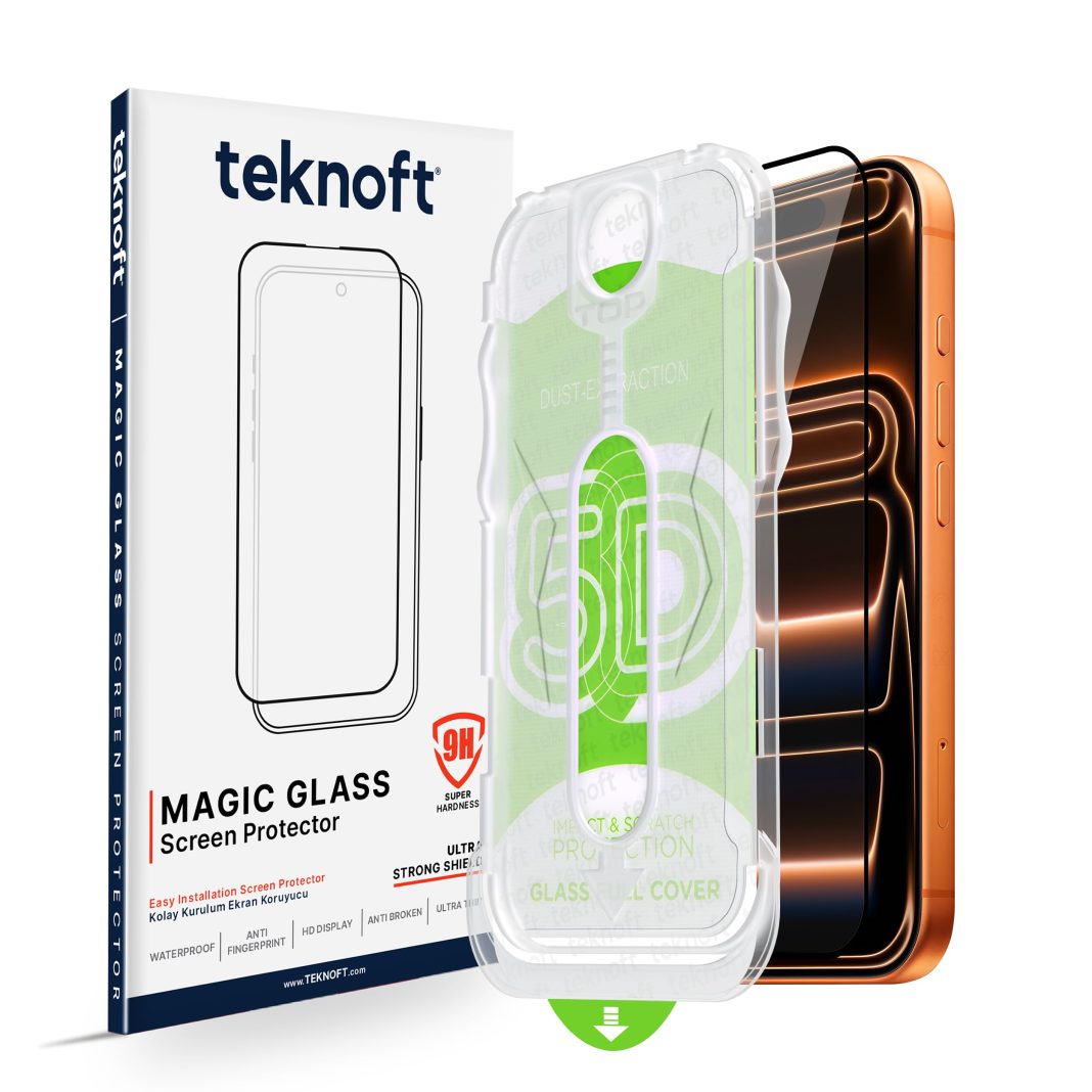 Teknoft iPhone 17 Pro için Kolay Kurulum Kitli Takılırken Camın Altında Kesinlikle Toz Bırakmayan Ekstra Güçlendirilmiş Tam Koruma Sağlayan Pürüzsüz Lazer Kesim Premium Ekran Koruyucu Kırılmaz Cam – MegTR