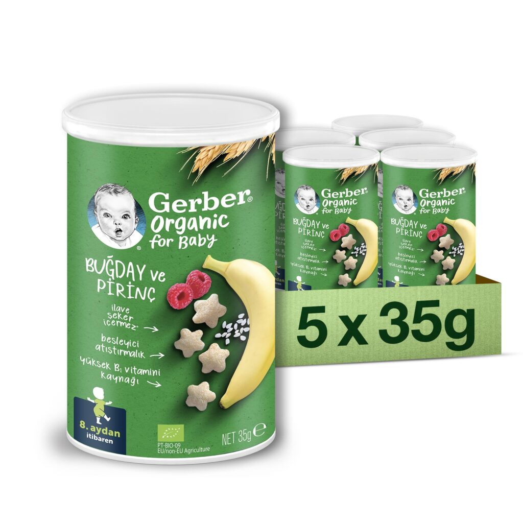 Gerber Organik Pirinçli, Buğdaylı, Muzlu ve Ahududulu Bebek Atıştırmalığı 35 g x 5 – MegTR