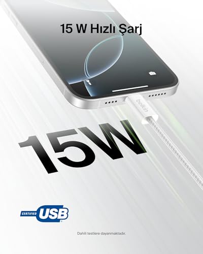 Belkin 2'li Örgülü USB-A – USB-C Kablo, 1,5 m, 15 W, Yumuşak, Esnek ve Hızlı Şarj Kablosu, iPhone 17 ve 16 Serisi, Galaxy S25, Pixel 10, iPad Pro ve Daha Fazlasıyla Uyumlu, Beyaz – MegTR