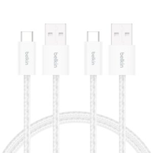 Belkin 2'li Örgülü USB-A – USB-C Kablo, 1,5 m, 15 W, Yumuşak, Esnek ve Hızlı Şarj Kablosu, iPhone 17 ve 16 Serisi, Galaxy S25, Pixel 10, iPad Pro ve Daha Fazlasıyla Uyumlu, Beyaz – MegTR