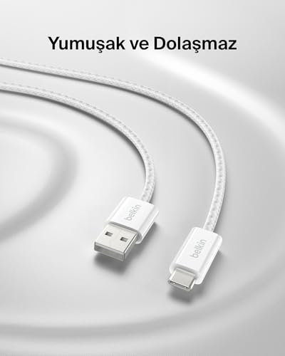 Belkin 2'li Örgülü USB-A – USB-C Kablo, 1,5 m, 15 W, Yumuşak, Esnek ve Hızlı Şarj Kablosu, iPhone 17 ve 16 Serisi, Galaxy S25, Pixel 10, iPad Pro ve Daha Fazlasıyla Uyumlu, Beyaz – MegTR