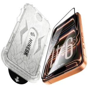 Minesk iPhone 17 Pro Max ile Uyumlu Hizalama Aparatlı ve Takılırken Camın Altında Kesinlikle Toz Bırakmayan Darbelere Karşı Ekstra Güçlü HD Ekran Koruyucu Cam (Kolay Kurulum, 17 PRO MAX) – MegTR