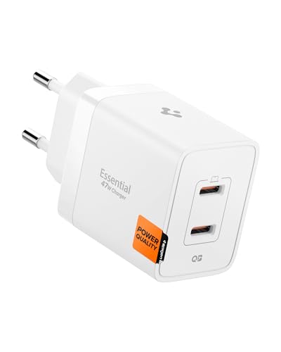 Spigen 47W USB-C 2 Port Mini Hızlı Şarj Aleti PPS 2.0 Desteği/Isı Düşürücü GaN Pro Destekli Akım Korumalı Güç Adaptörü iPhone & Android & iPad & MacBook Type-C White – ACH08707 – MegTR