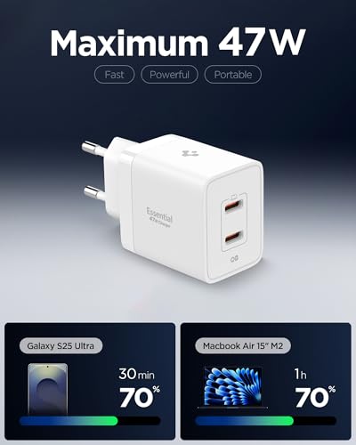 Spigen 47W USB-C 2 Port Mini Hızlı Şarj Aleti PPS 2.0 Desteği/Isı Düşürücü GaN Pro Destekli Akım Korumalı Güç Adaptörü iPhone & Android & iPad & MacBook Type-C White – ACH08707 – MegTR