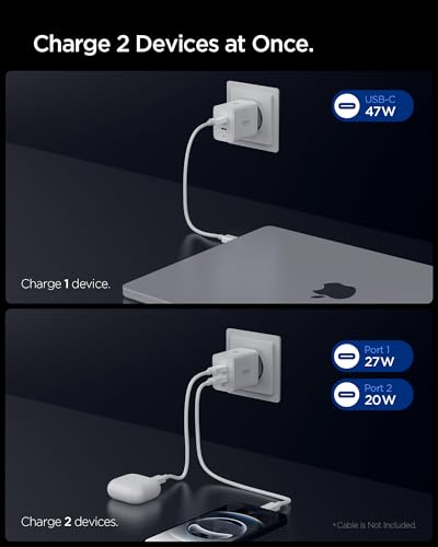 Spigen 47W USB-C 2 Port Mini Hızlı Şarj Aleti PPS 2.0 Desteği/Isı Düşürücü GaN Pro Destekli Akım Korumalı Güç Adaptörü iPhone & Android & iPad & MacBook Type-C White – ACH08707 – MegTR