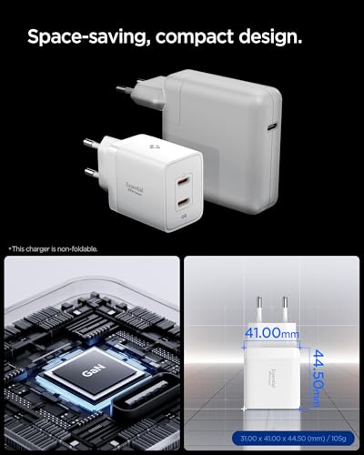 Spigen 47W USB-C 2 Port Mini Hızlı Şarj Aleti PPS 2.0 Desteği/Isı Düşürücü GaN Pro Destekli Akım Korumalı Güç Adaptörü iPhone & Android & iPad & MacBook Type-C White – ACH08707 – MegTR