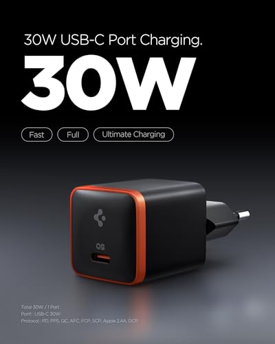 Spigen 30W USB-C Ultra Mini Hızlı Şarj Aleti PPS Desteği/Isı Düşürücü GaN Destekli Akım Korumalı Güç Adaptörü iPhone & Android & iPad & MacBook Type-C Black- ACH08448 – MegTR
