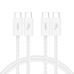 Belkin 2'li Örgülü USB-C – USB-C Kablo, 1,5 m, 60 W, Yumuşak, Esnek ve Hızlı Şarj Kablosu, iPhone 17 ve 16 Serisi, Galaxy S25, Pixel 10, iPad Pro ve Daha Fazlasıyla Uyumlu, Beyaz – MegTR