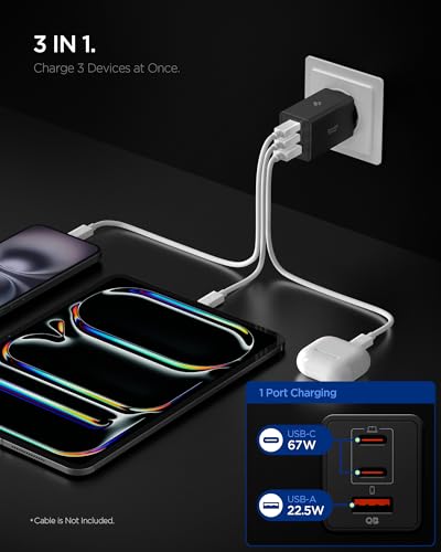Spigen 67W USB-C + USB-A 3 Port Hızlı Şarj Aleti PPS 3.0 Desteği Isı Düşüren GaN Pro Destekli Akım Korumalı Güç Adaptörü iPhone & Android & iPad & MacBook Type-C Black – ACH09458 – MegTR