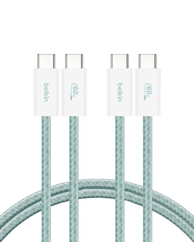Belkin 2'li Örgülü USB-C – USB-C Kablo, 1,5 m, 60 W – Yumuşak, Esnek ve Hızlı Şarj Kablosu, iPhone 17 ve 16 Serisi, Galaxy S25, Pixel 10, iPad Pro ve Daha Fazlasıyla Uyumlu, Yeşil – MegTR