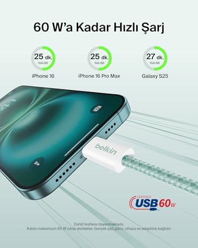 Belkin 2'li Örgülü USB-C – USB-C Kablo, 1,5 m, 60 W – Yumuşak, Esnek ve Hızlı Şarj Kablosu, iPhone 17 ve 16 Serisi, Galaxy S25, Pixel 10, iPad Pro ve Daha Fazlasıyla Uyumlu, Yeşil – MegTR