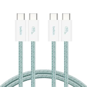 Belkin 2'li Örgülü USB-C – USB-C Kablo, 1,5 m, 60 W – Yumuşak, Esnek ve Hızlı Şarj Kablosu, iPhone 17 ve 16 Serisi, Galaxy S25, Pixel 10, iPad Pro ve Daha Fazlasıyla Uyumlu, Yeşil – MegTR