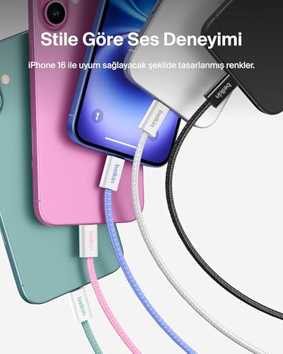 Belkin 2'li Örgülü USB-C – USB-C Kablo, 1,5 m, 60 W – Yumuşak, Esnek ve Hızlı Şarj Kablosu, iPhone 17 ve 16 Serisi, Galaxy S25, Pixel 10, iPad Pro ve Daha Fazlasıyla Uyumlu, Yeşil – MegTR
