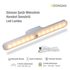 Günsan Şarjlı Mıknatıslı Hareket Sensörlü Led Lamba – Dolap İçi, Mutfak, Kitaplık, Tezgah Altı Aydınlatma – 3 Renk Modu – Dim Edilebilir – Işık Hafızalı – MegTR
