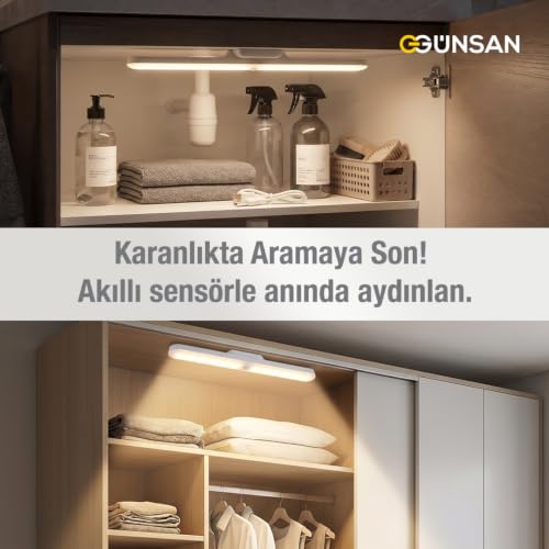 Günsan Şarjlı Mıknatıslı Hareket Sensörlü Led Lamba – Dolap İçi, Mutfak, Kitaplık, Tezgah Altı Aydınlatma – 3 Renk Modu – Dim Edilebilir – Işık Hafızalı – MegTR