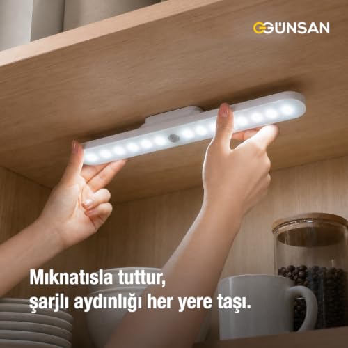 Günsan Şarjlı Mıknatıslı Hareket Sensörlü Led Lamba – Dolap İçi, Mutfak, Kitaplık, Tezgah Altı Aydınlatma – 3 Renk Modu – Dim Edilebilir – Işık Hafızalı – MegTR