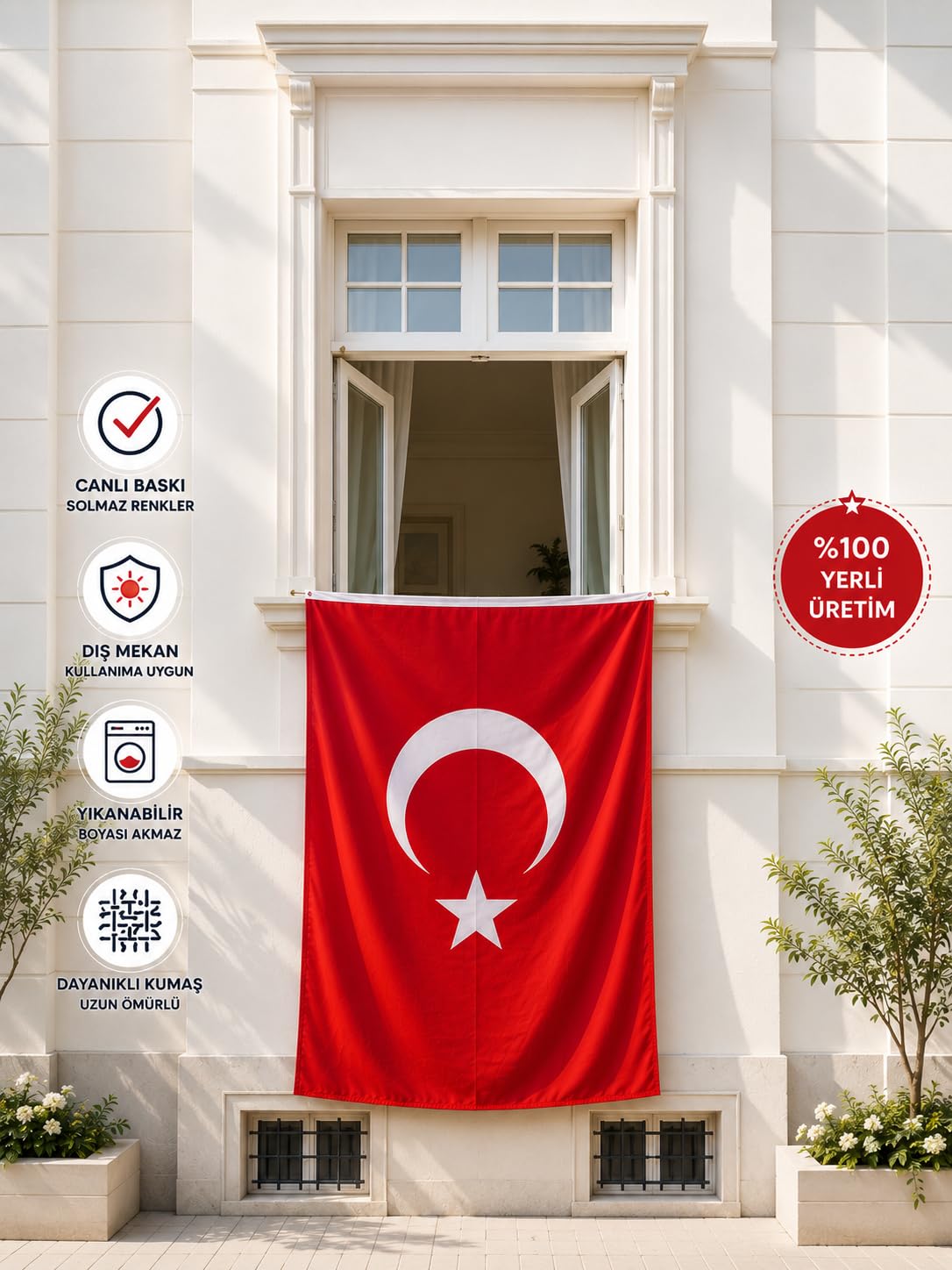 Premium Türk Bayrağı (50x75CM) – Nefes Alabilir 125gr Rashel Kumaş, Çift Dikişli, Sağlam Kulplu, UV ve Solmaya Karşı Dayanıklı, İç/Dış Mekan Kullanımı (50X75CM) – MegTR