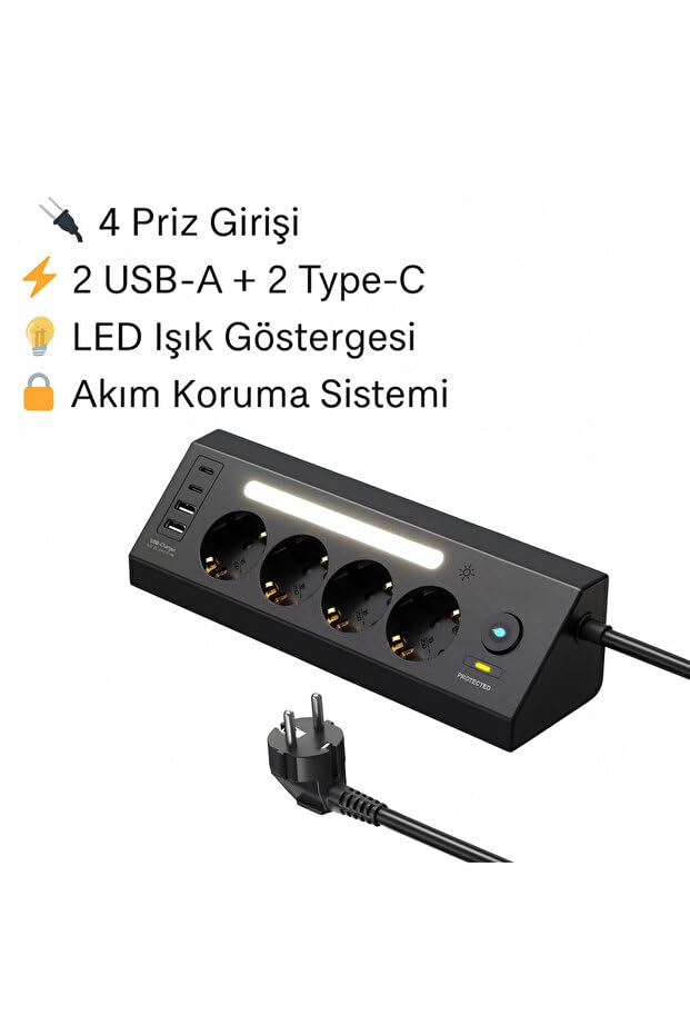 SMAYLİNG Akım Korumalı Çoklu Priz | 4 Priz Girişi + 2 USB-C + 2 USB-A Çıkışı | 2 Metre Kablo | LED Işıklı | Hızlı Şarj ve Güvenli Kullanım – MegTR