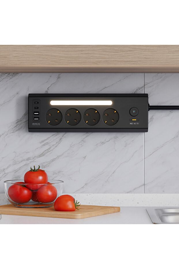 SMAYLİNG Akım Korumalı Çoklu Priz | 4 Priz Girişi + 2 USB-C + 2 USB-A Çıkışı | 2 Metre Kablo | LED Işıklı | Hızlı Şarj ve Güvenli Kullanım – MegTR