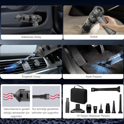 Yeni Güçlendirilmiş Yedek Filtreli Araç Süpürgesi Taşınabilir Çantalı 22000PA, 4'ü1 Arada El Tipi Süpürge&Üfleyici LcD Ekran, Çoklu Başlıklar, Ev, Araba, Evcil Hayvan Tüyleri için Mini Şarjlı Süpürge – MegTR